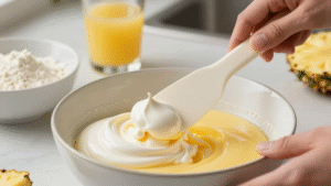Gently folding meringue into yolk batter for a fluffy Pineapple Chiffon Cake