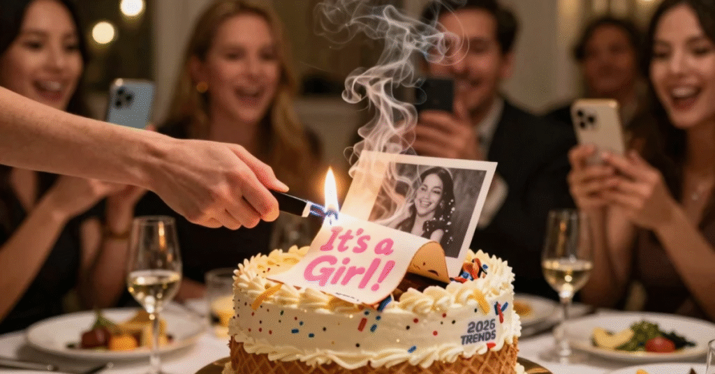 A close-up photograph of a 2026 gender reveal burn-away cake as the wafer paper layer ignites, revealing the message 'It's a Girl!' underneath, surrounded by cheering guests.