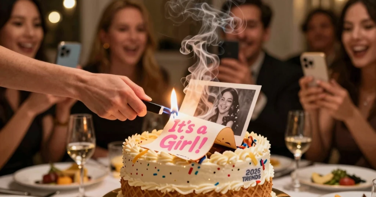 A close-up photograph of a 2026 gender reveal burn-away cake as the wafer paper layer ignites, revealing the message 'It's a Girl!' underneath, surrounded by cheering guests.