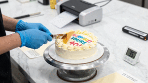 A close-up shot of a baker's hands layering premium potato starch wafer paper over a chilled frosting sheet message to assemble a burn-away cake.