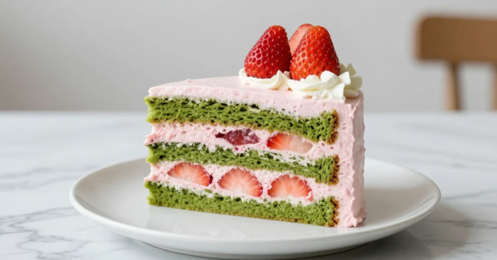 Matcha Strawberry Layer Cake with green sponge and strawberry layers
