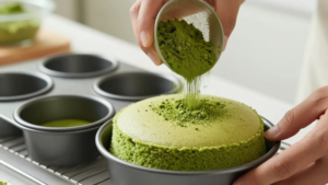 Preparing matcha sponge for Matcha Strawberry Layer Cake step by step