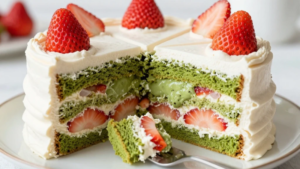 Slice of moist Matcha Strawberry Layer Cake with creamy filling