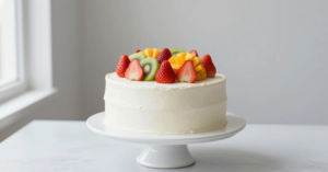 Minimalist birthday cake decorated with fresh fruits on white frosting
